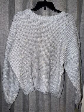 Light Gray Beaded Waffle Knit Crewneck Sweater